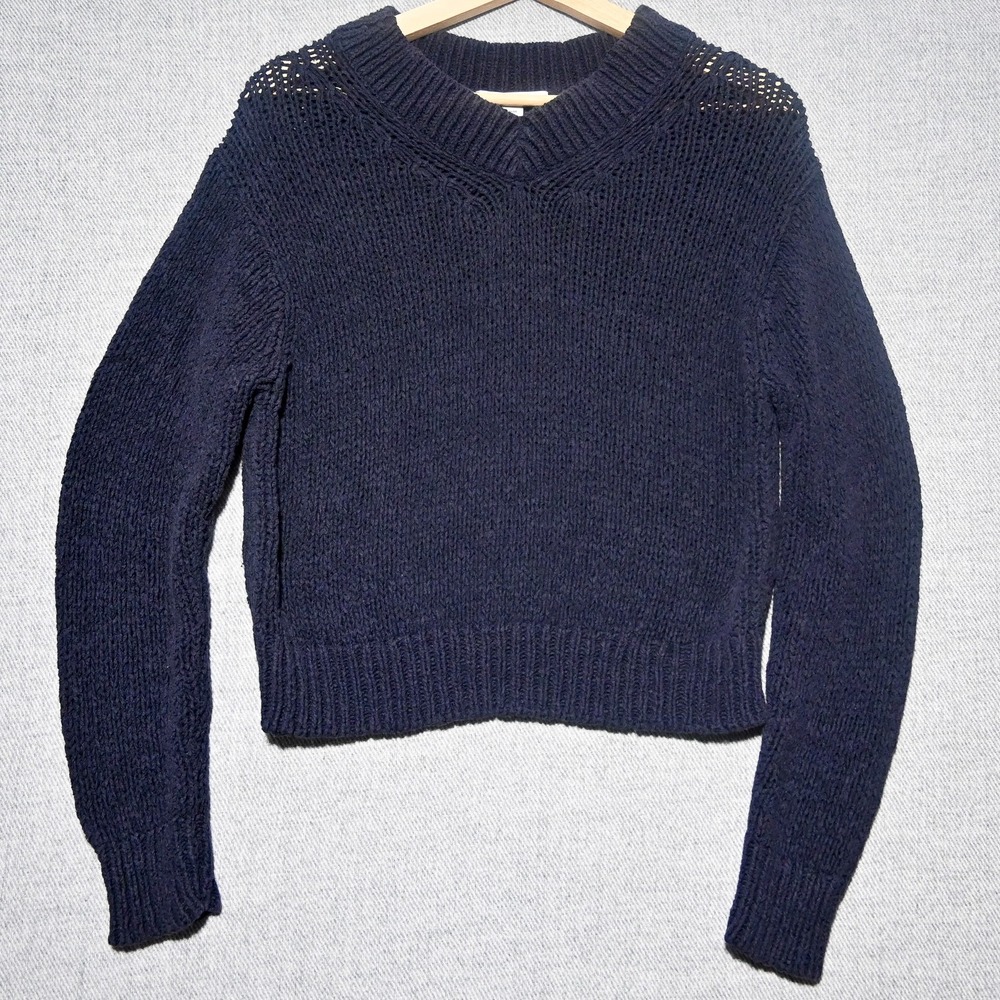Vince V-Neck Chunky Knit Cropped Sweater Womens Medium Navy Blue Cozy Fisherman